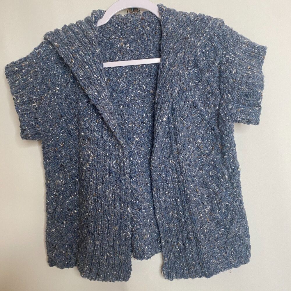 Handmade Cable Knit Shawl Collar Blue Speckled Yarn Cardigan Ribbed Sleeve Small